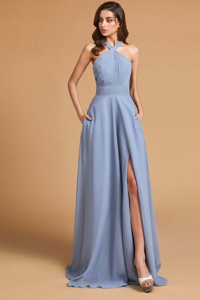 Dusty Blue Split Halter Bridesmaid Dress with Pockets