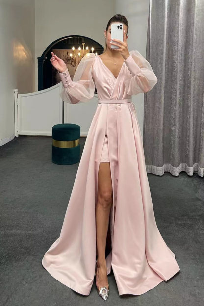 A-Line Long Slit Puff Sleeves Evening Dress