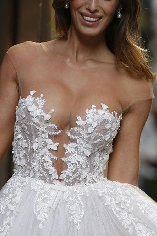 Romantic Floor-Length Sheer A-Line Wedding Dress with Tulle Appliques