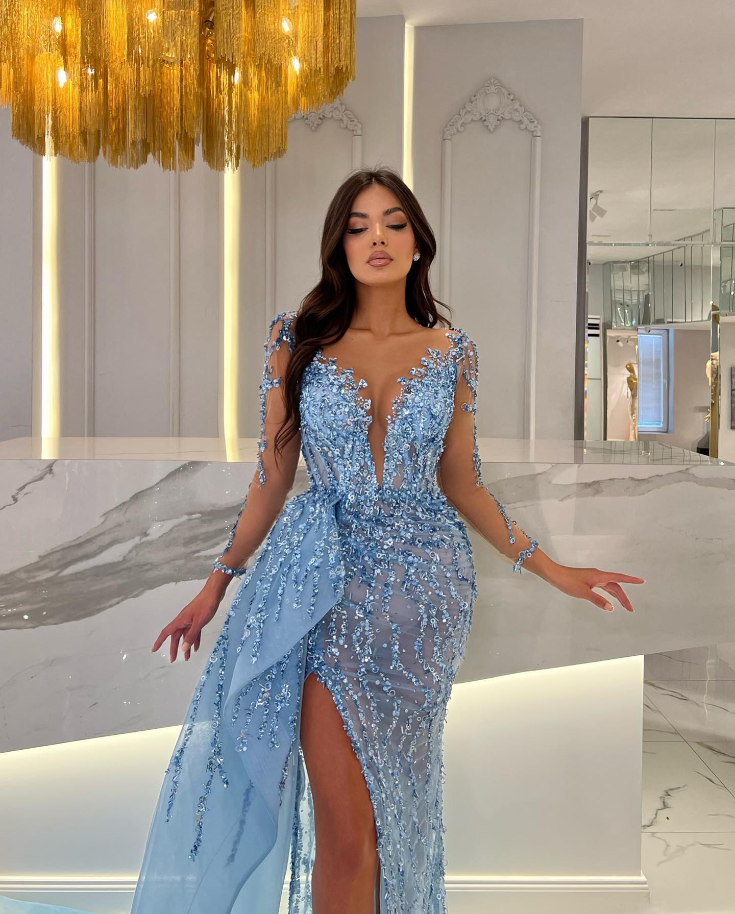 Shiny Blue Split Long Sleeves Mermaid Beaded Formal Dress Appliques Tulle