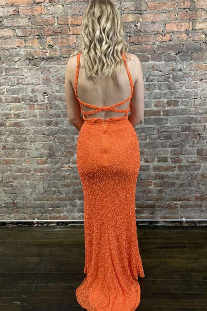 Long Backless Prom Dress with Deep V Neck and Orange Sequins