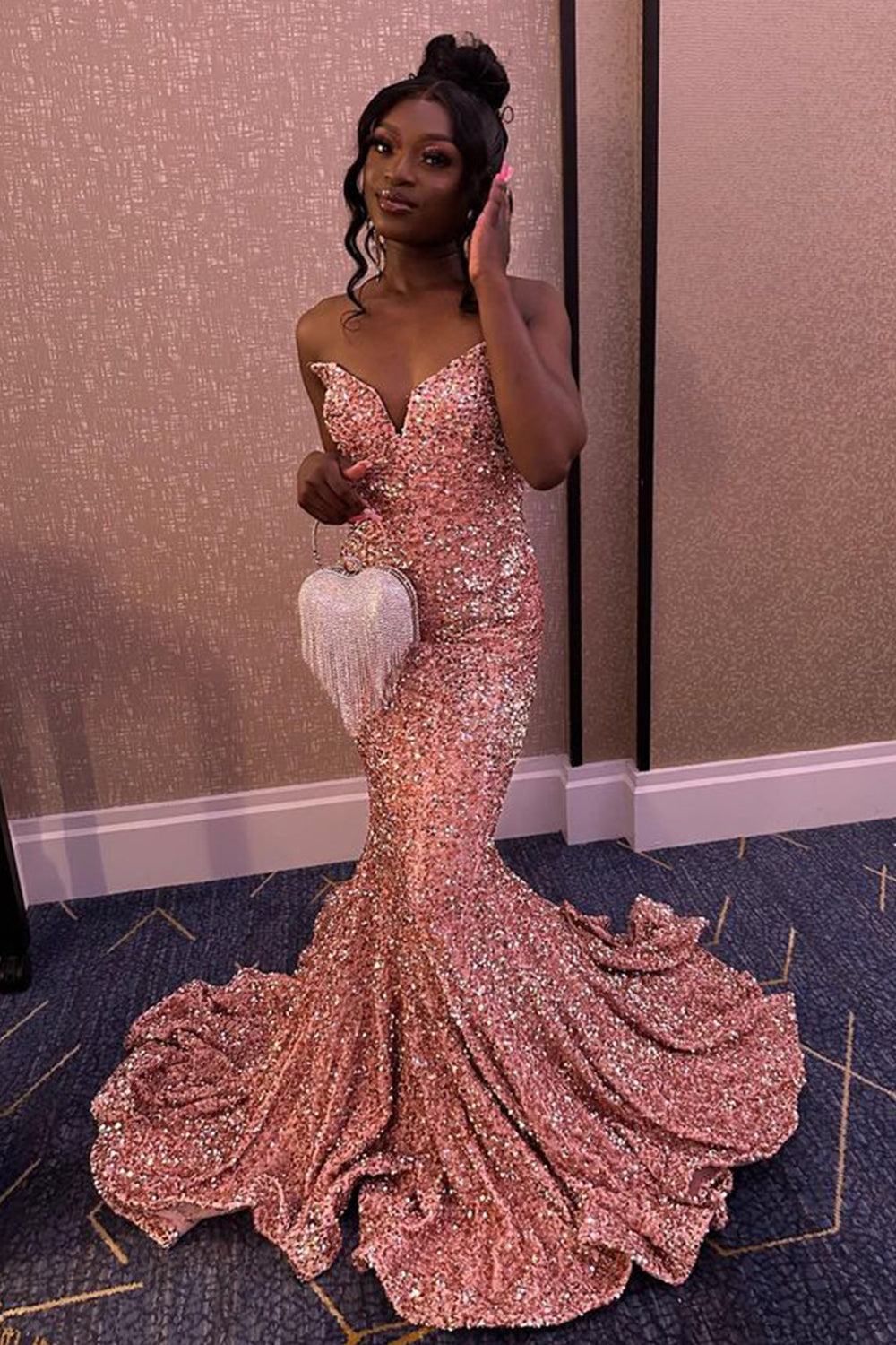 Long Prom Dress with Fuchsia Sequins in Mermaid Style