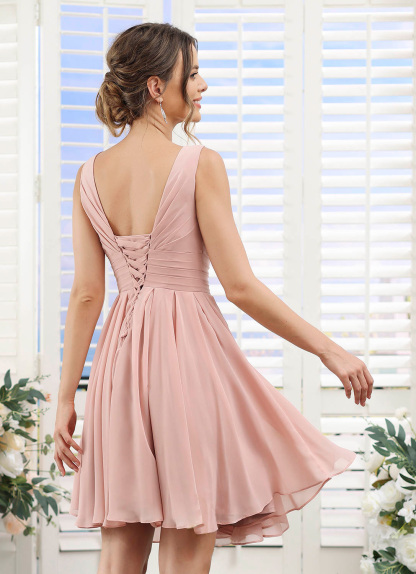 Elegant Pink Chiffon Short Dress With Pockets