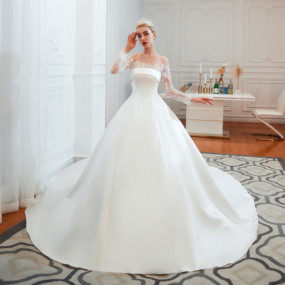 Charming Satin Off-the-Shoulder Long Sleeves A-Line Wedding Dress with Lace