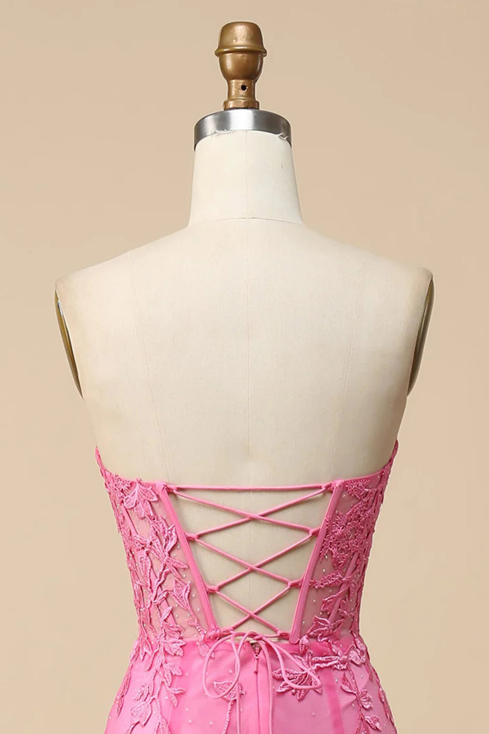 Sweetheart Long Pink Lace Corset Prom Dress with Slit