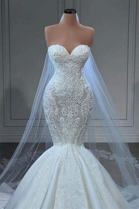 Beautiful Mermaid Sweetheart Wedding Dress Lace Appliques Bridal Gowns