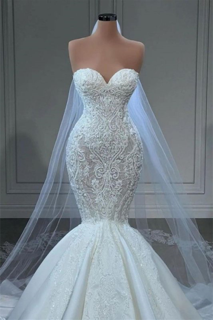Beautiful Mermaid Sweetheart Wedding Dress Lace Appliques Bridal Gowns