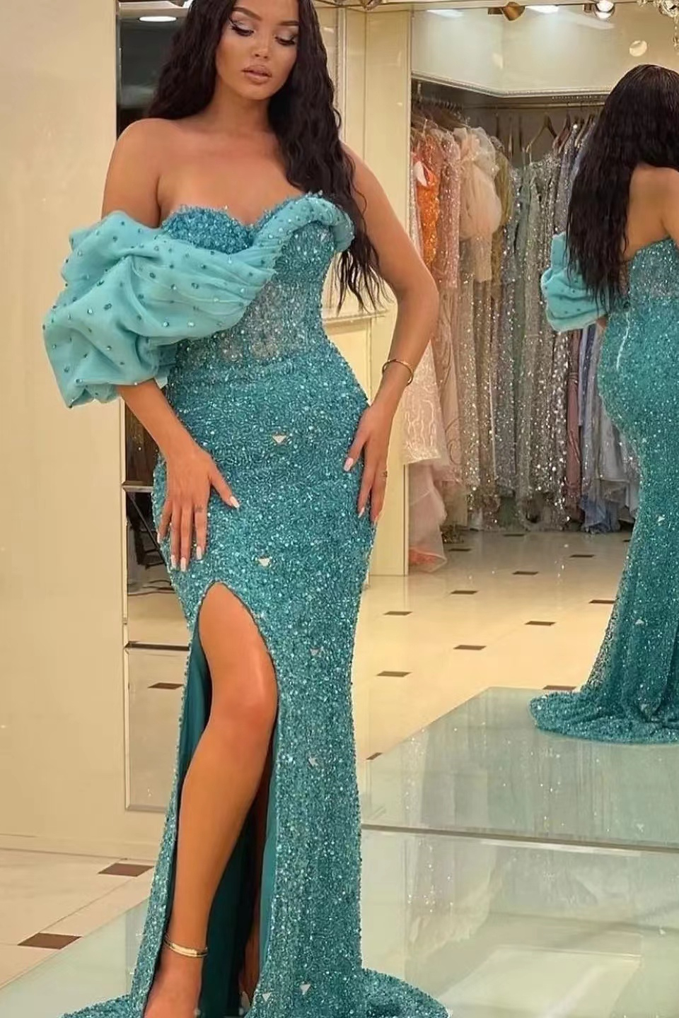 Gorgeous One Shoulder Mermaid Split Evening Dress With Sequins Sweetheart Off-The-Shoulder