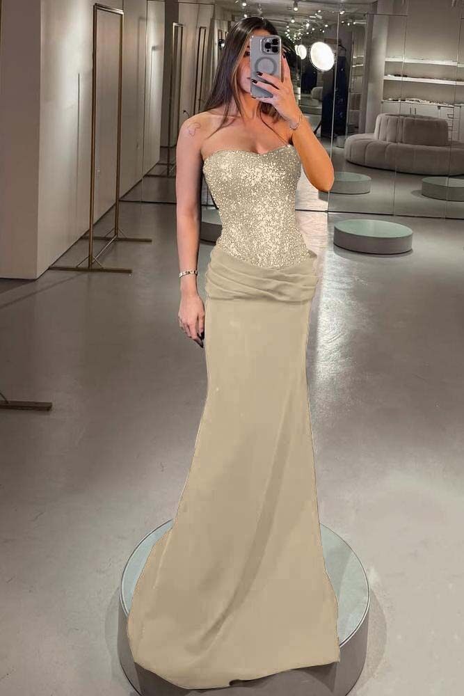 Strapless Sleeveless Long Mermaid Formal Dress With Pleated Sequins