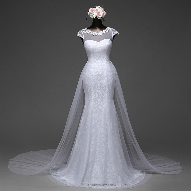 Beautiful Lace Long Mermaid Jewel Wedding Dress Tulle with Overskirt