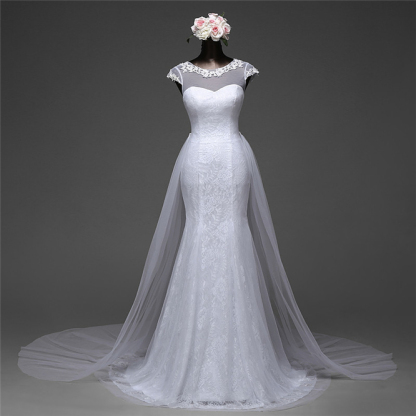 Beautiful Lace Long Mermaid Jewel Wedding Dress Tulle with Overskirt