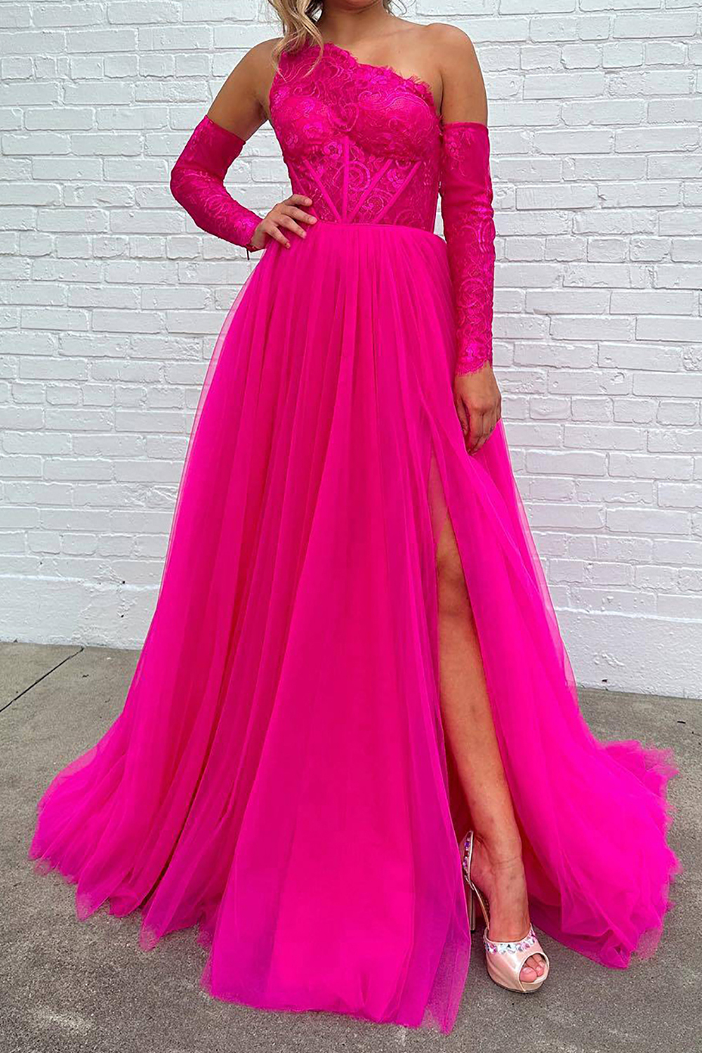 Fuchsia One-Shoulder A-Line Prom Corset Dress with Front Split
