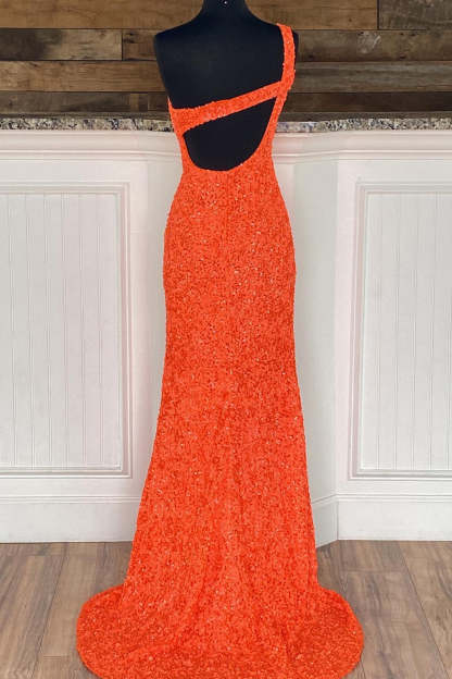 Long Red Prom Dress with One Shoulder and Sequins