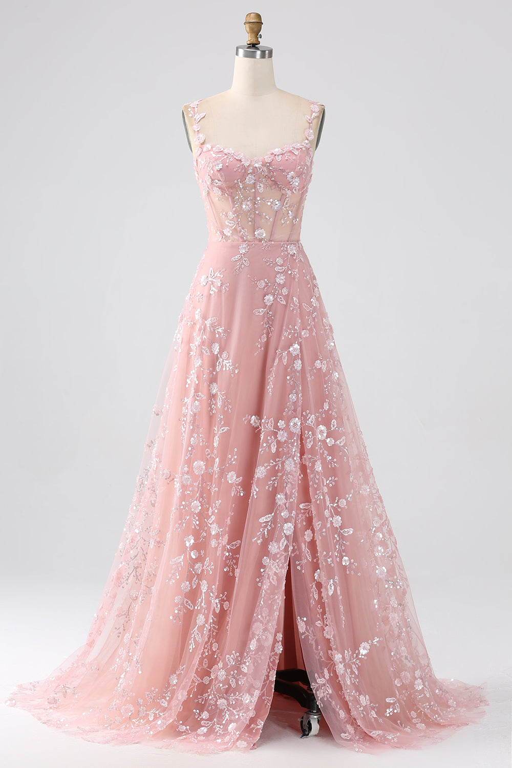 Long Corset Prom Dress in Blush with A-Line Silhouette and Spaghetti Straps Adorned with Appliques