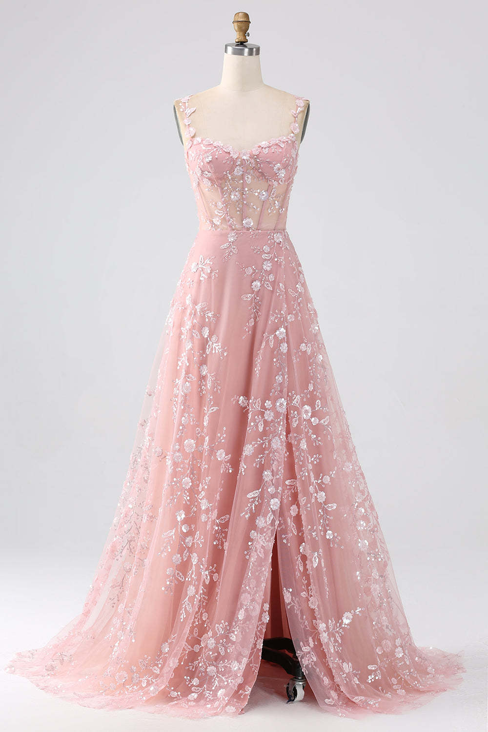 Long Corset Prom Dress in Blush with A-Line Silhouette and Spaghetti Straps Adorned with Appliques