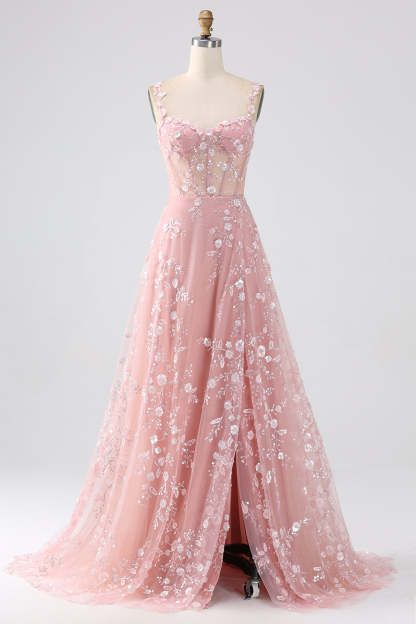 Long Corset Prom Dress in Blush with A-Line Silhouette and Spaghetti Straps Adorned with Appliques