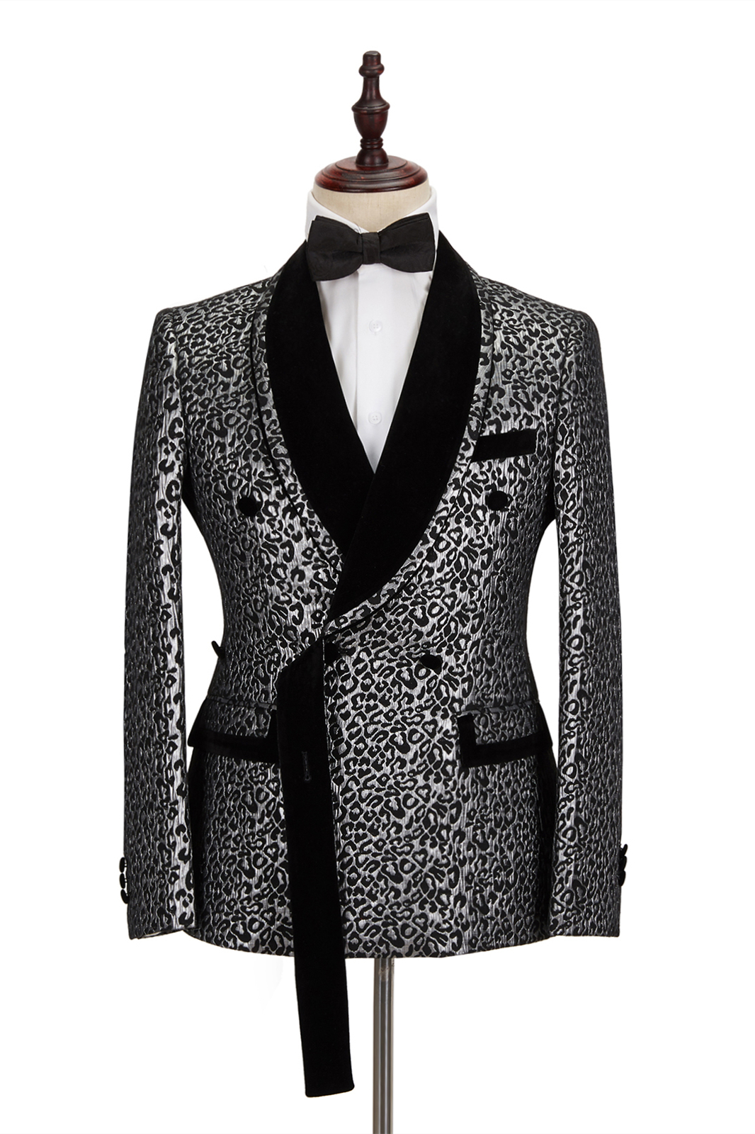 Black Stitching Silver Leopard Jacquard Men's Suit Shawl Lapel Double-Breasted Wedding Suit for Formal with Shirt