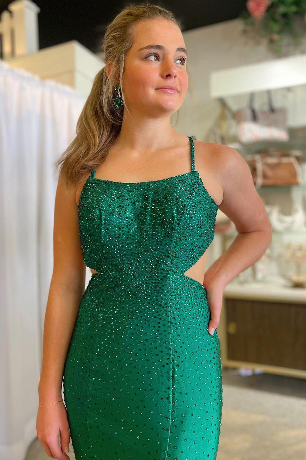 Dark Green Mermaid Prom Dress with Spaghetti Straps Cut Outs and Beading