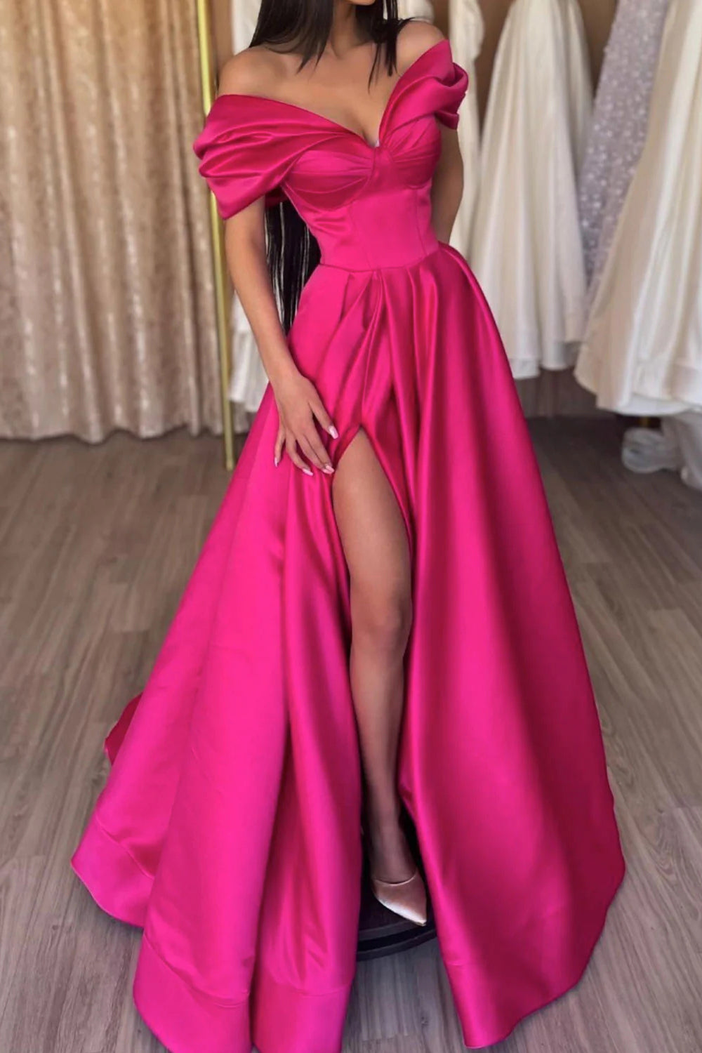 Hot Pink Long Prom Dress with Off-the-Shoulder A-Line and Front Split
