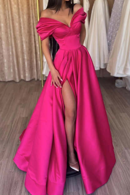 Hot Pink Long Prom Dress with Off-the-Shoulder A-Line and Front Split