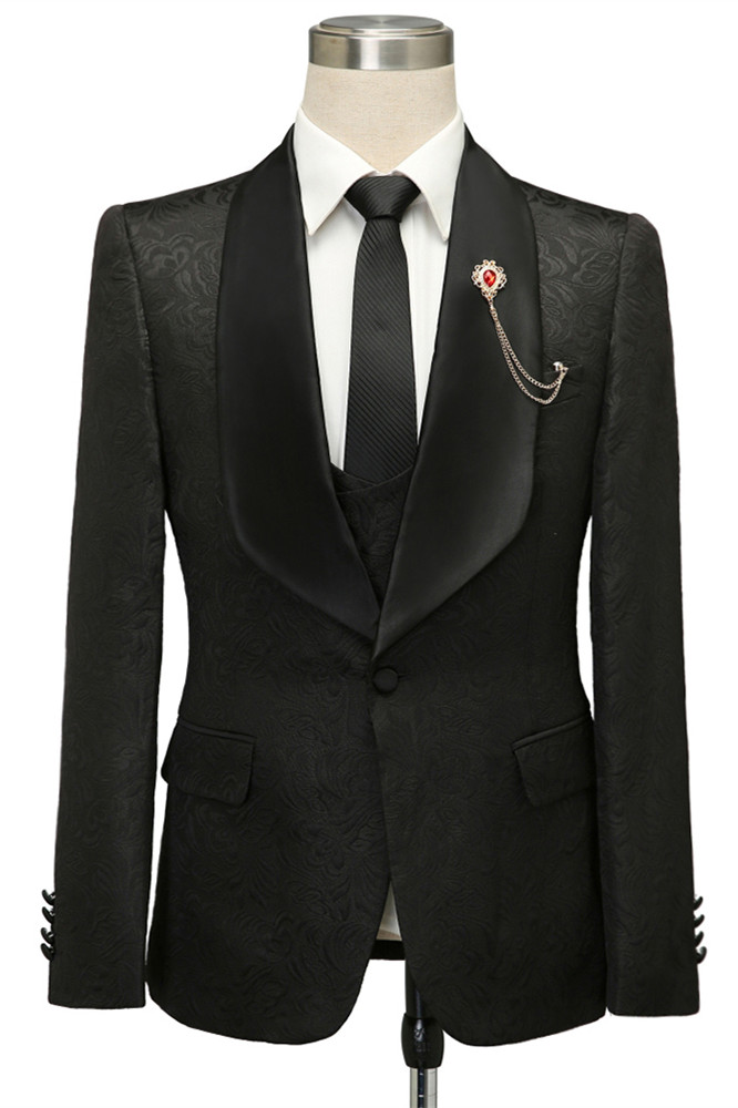 Classic Black Shawl Lapel Jacquard Wedding Suit for Men