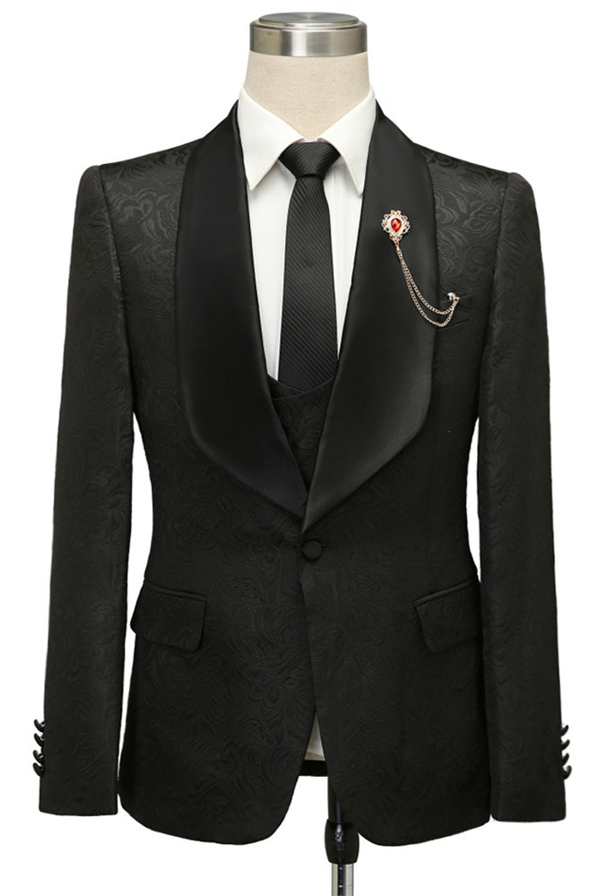 Classic Black Shawl Lapel Jacquard Wedding Suit for Men