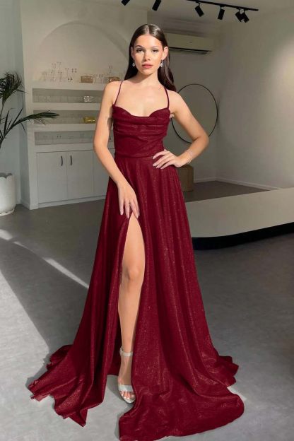 Halter Sleeveless Long Split Formal Dress With Pleated Sequins