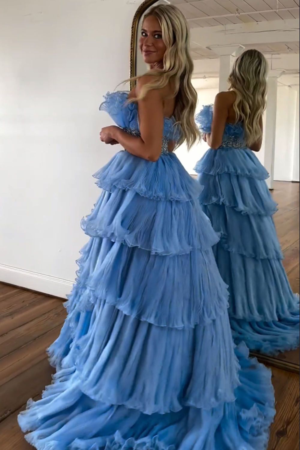 Stylish Strapless Blue A-Line Prom Dress with Beading