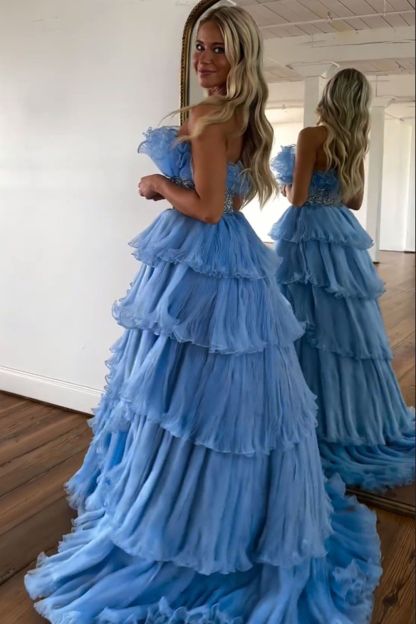 Stylish Strapless Blue A-Line Prom Dress with Beading