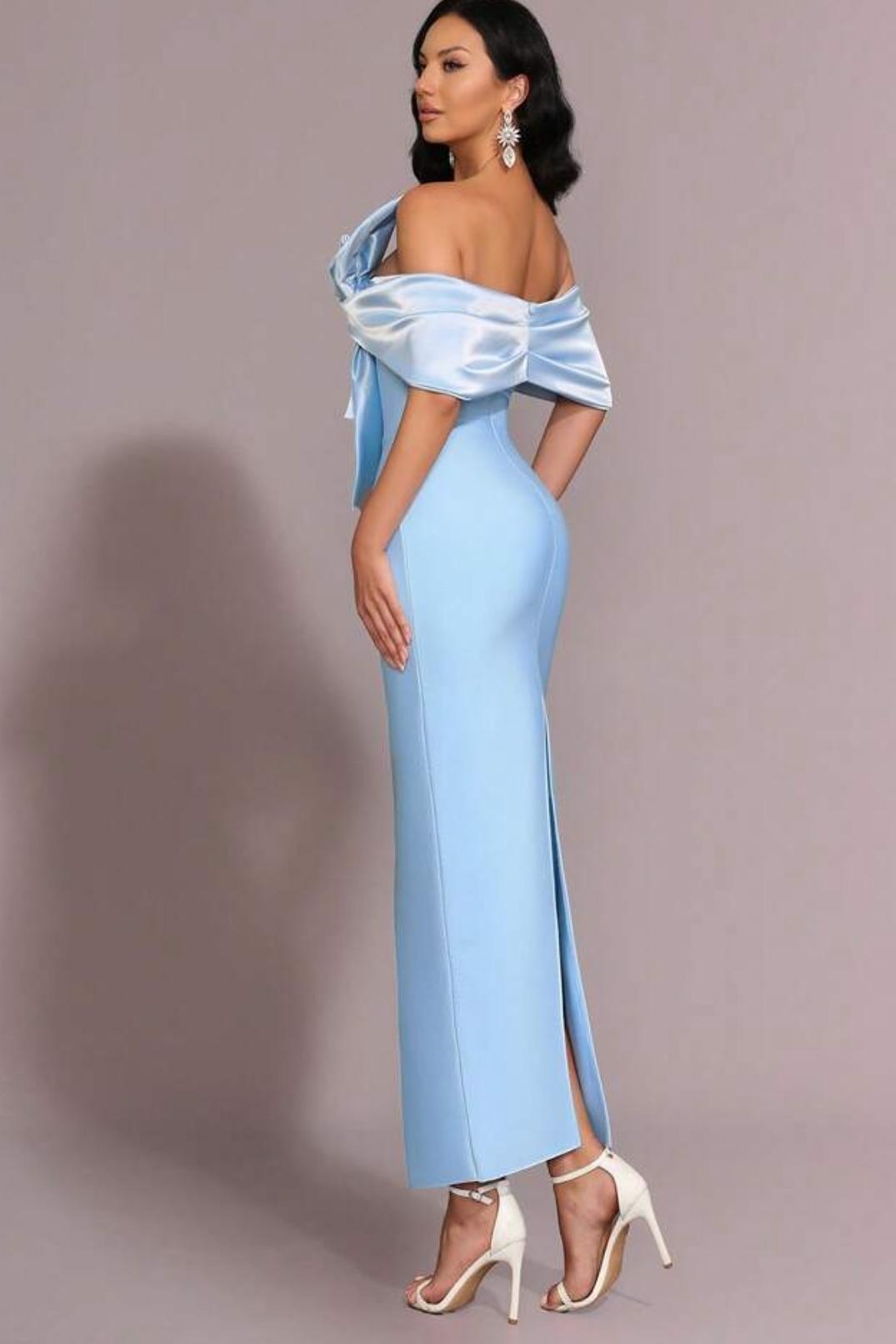 Off the Shoulder Sleeveless Long Split Formal Dress With Bowknot