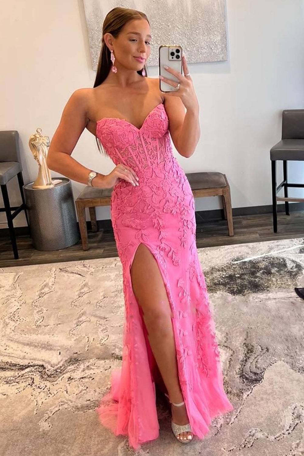 Sweetheart Long Pink Lace Corset Prom Dress with Slit