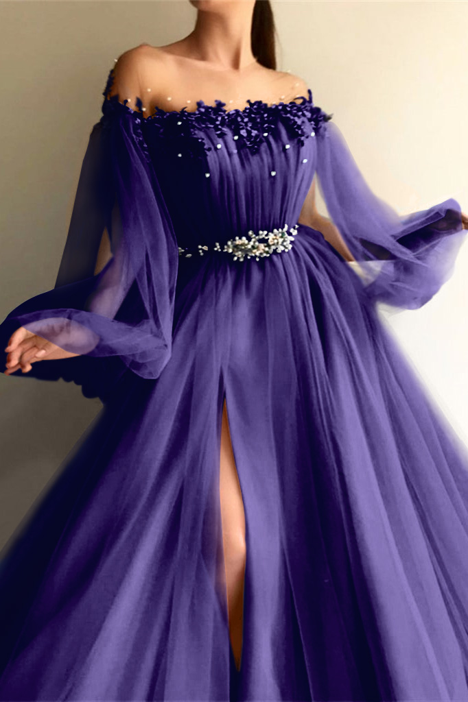 Long Sleeves Off-the-Shoulder Evening Dress With Beads