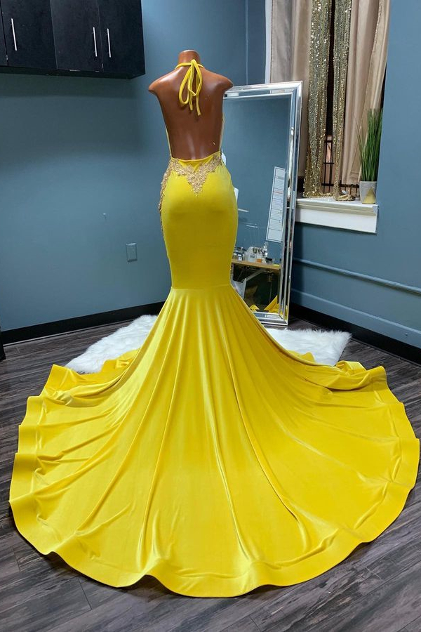 Yellow Halter Sleeveless Beading Mermaid Evening Dress
