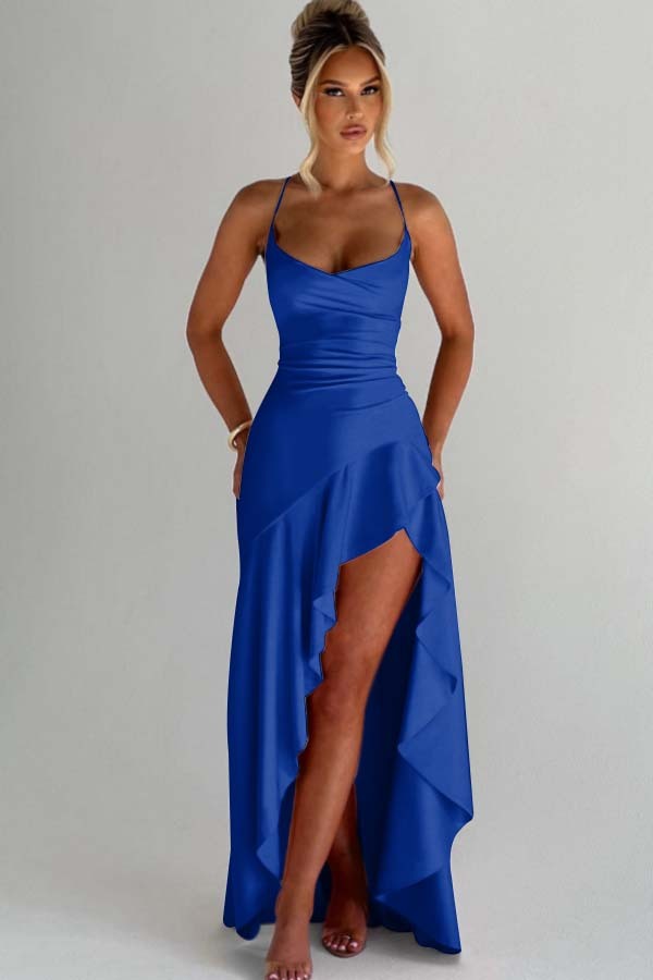 Spaghetti Strap Sleeveless Long Split Formal Dress With Pleated