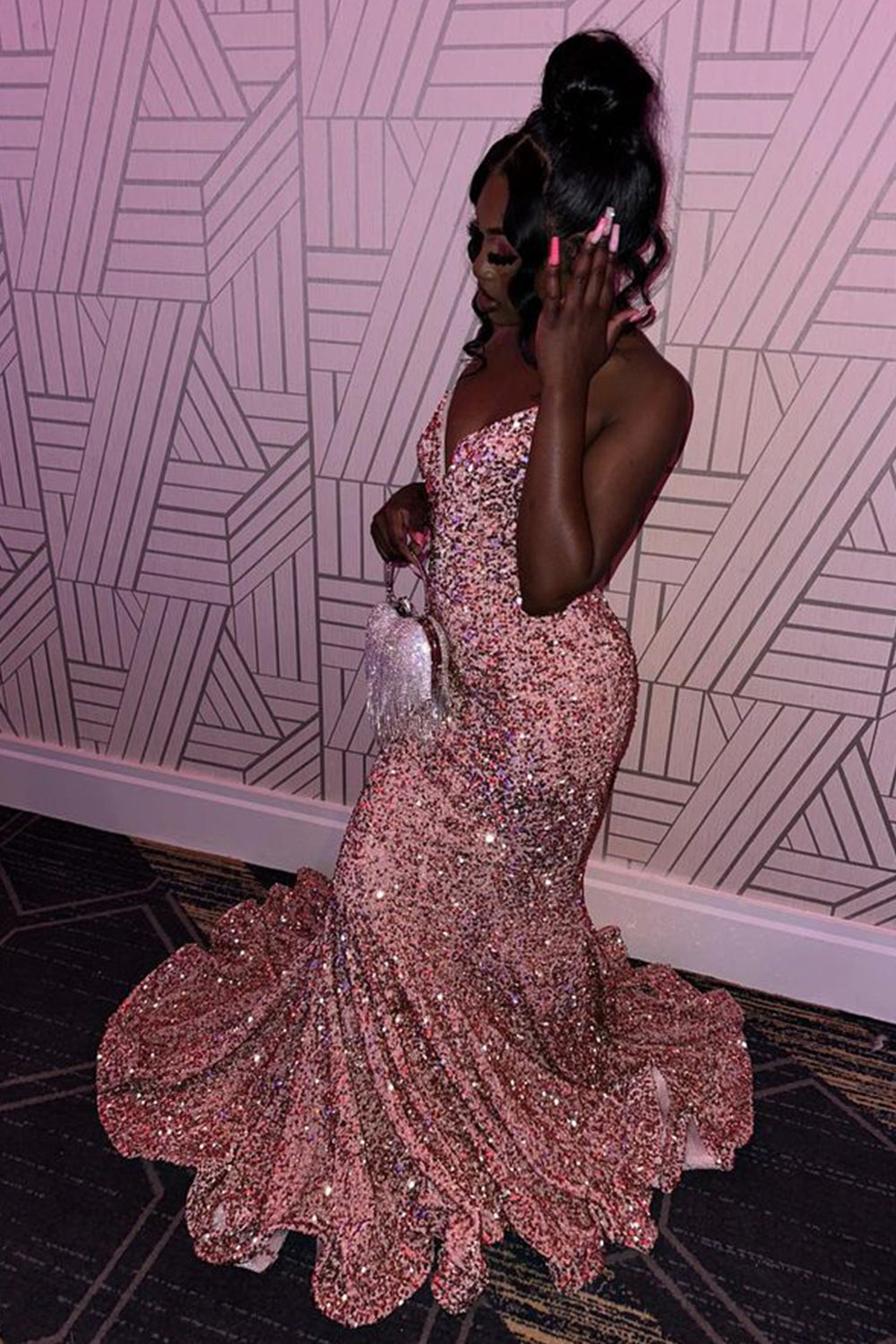 Pink Sequined Long Prom Dress with Mermaid Sweetheart Neckline