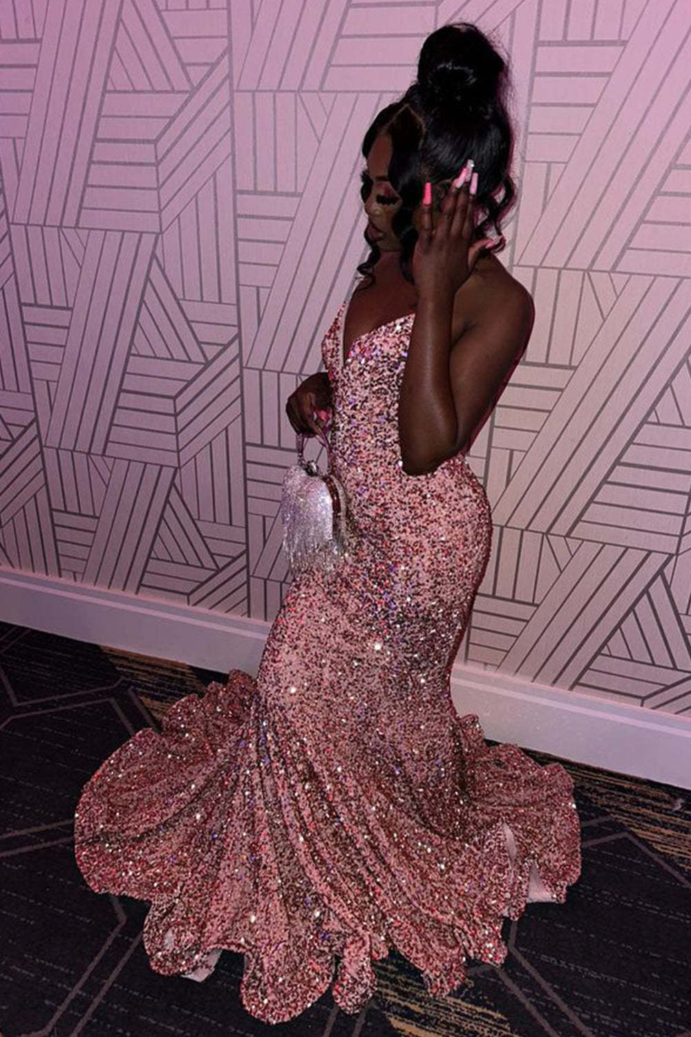 Pink Sequined Long Prom Dress with Mermaid Sweetheart Neckline