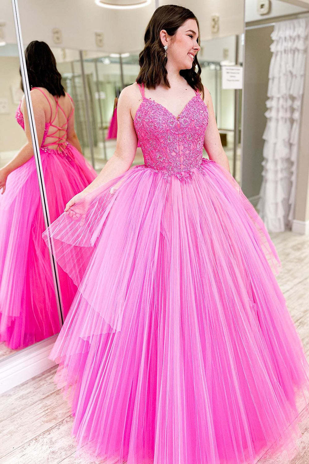 A-line Prom Dress in Hot Pink with Ruffles and Lace-Up Detail