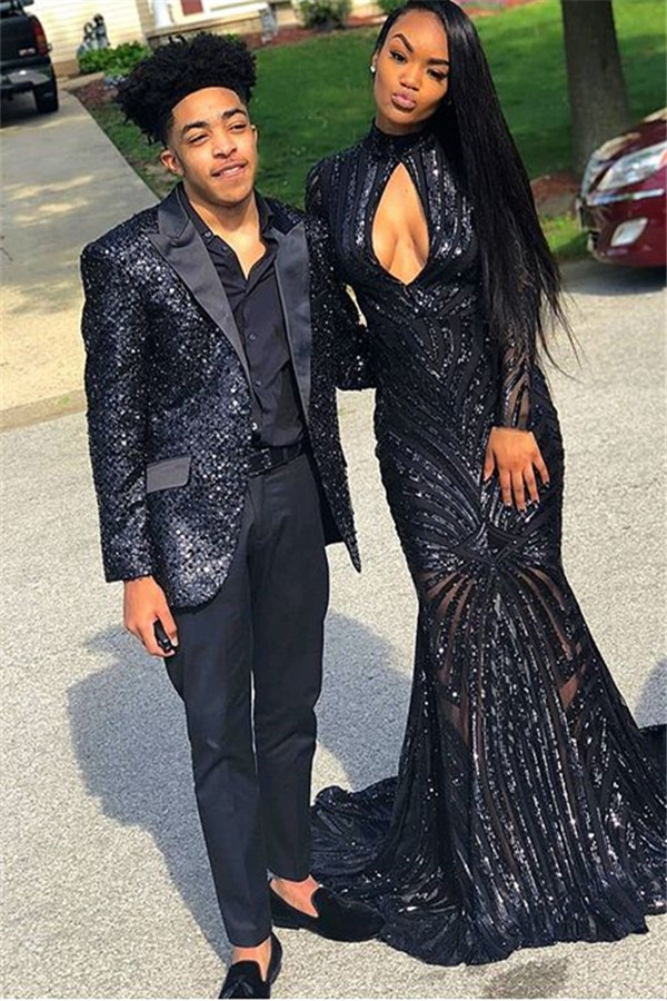 Marriage Blazer Suit with Two Pieces Black Sequins with Peak Lapel
