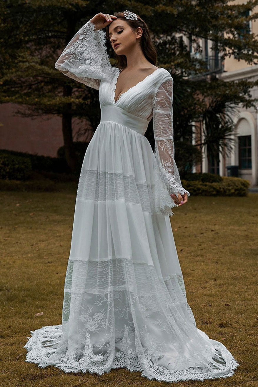 Long Sleeves Lace Boho Wedding Dress