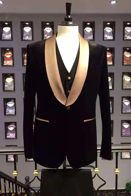 Popular Black Wedding Suit for Men with Champagne Shawl Lapel