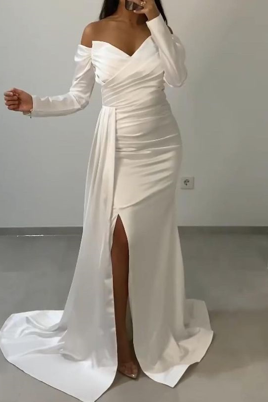 Off-The-Shoulder Sweetheart Mermaid Long Sleeves Front Split Evening Dress With Ruffle