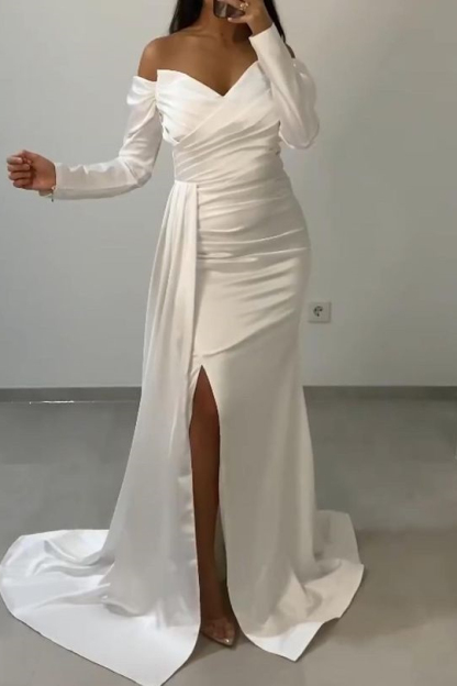Off-The-Shoulder Sweetheart Mermaid Long Sleeves Front Split Evening Dress With Ruffle