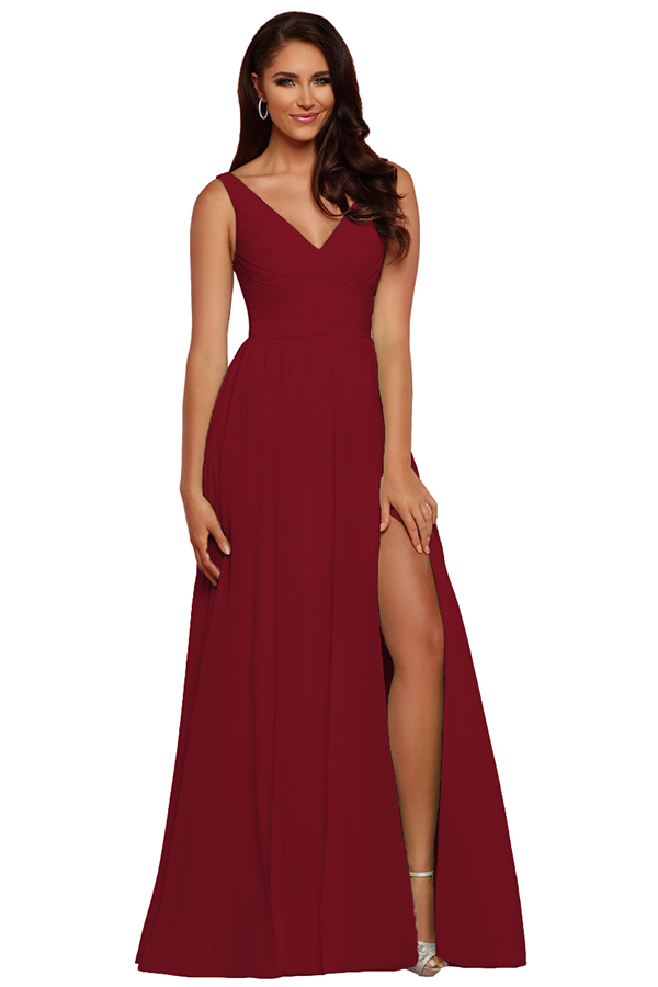 Sleeveless V-Neck Bridesmaid Dress with Split