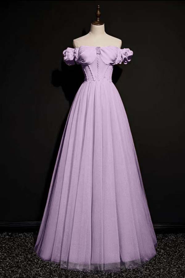 Pink Bow-Neck Off-The-Shoulder Beadings Prom Dress