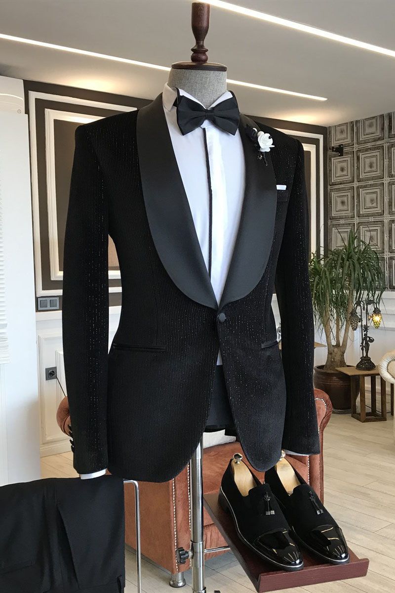 Gentle Black Slim Fit Shawl Lapel with One Button Sparkle Wedding Suits