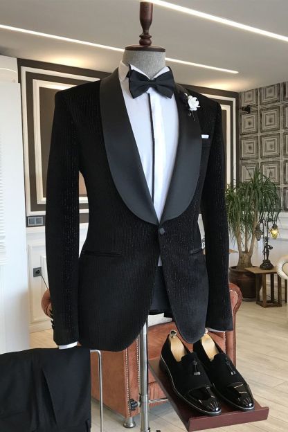 Gentle Black Slim Fit Shawl Lapel with One Button Sparkle Wedding Suits