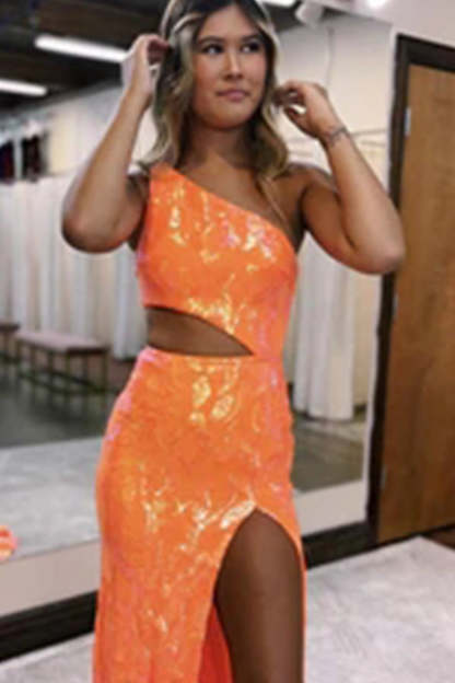 Long One Shoulder Prom Dress in Sparkly Orange Sequin with Slit