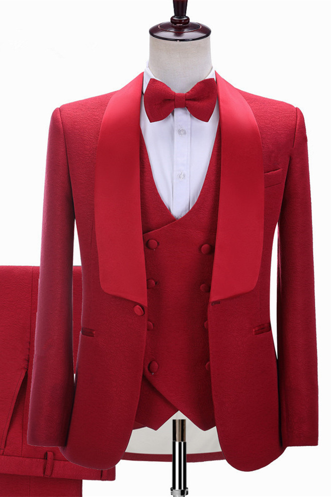 Glamorous Slim Fit Red Three-Piece Shawl Lapel Wedding Suit for Men