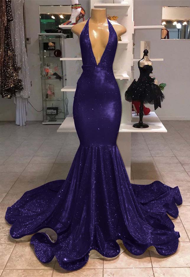 Halter V-Neck Mermaid Evening Dress With Sequins