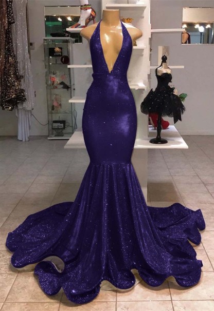 Halter V-Neck Mermaid Evening Dress With Sequins